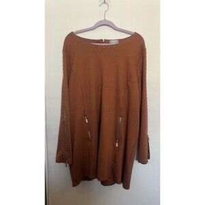 Masseys Rust Knit Studded Zip Tunic Top Boat Neck Long Sleeve Plus Size 3X